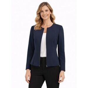 TAHARI Brea Peplum Blazer Navy Size 8 Collarless Zip Career Jacket